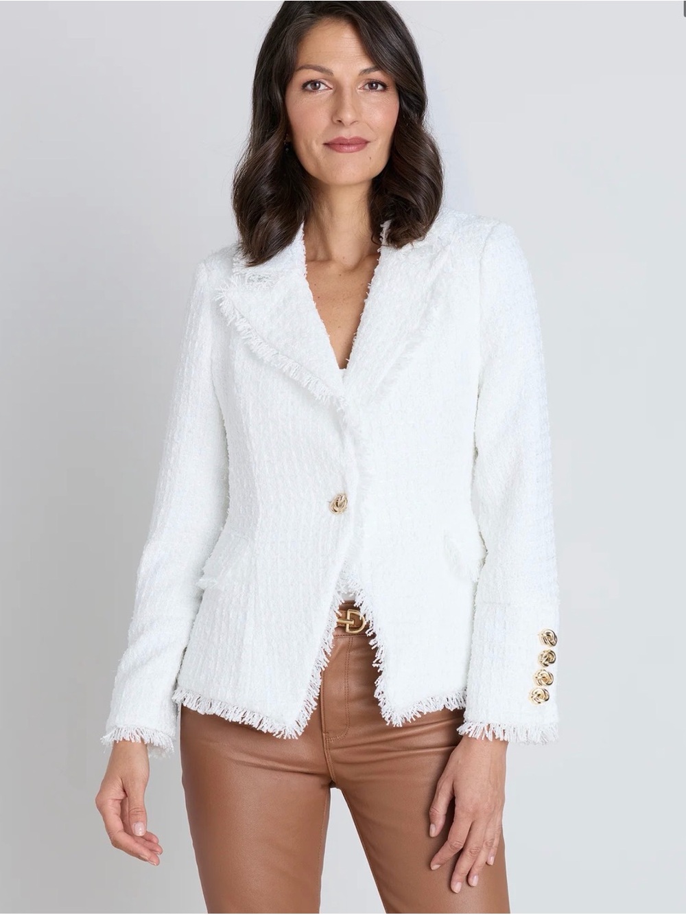 Elegant White Frayed-Trim Bouclé Blazer Jacket and shorts
